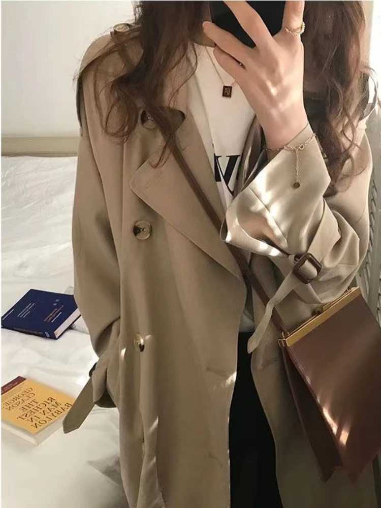Korean Style Trench Women Autumn Ladies Elegant Temperament Loose Basic All-match Casual Design Plus Velvet High Street CoatsX240921