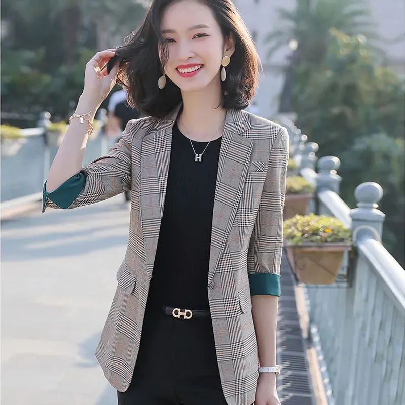 Gray Plaid Vintage Turn-Down Collar Single Button Long Sleeve Women's Jacket Korean Fashion Jackets Short Coat For Women 2024