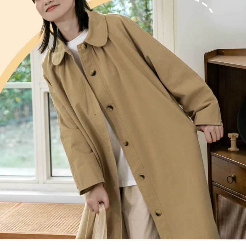 Khaki Long Trench Coats Women Japanese Style Long Jacket Fall Spring Cute Doll Collar Button Up Loose Causal Windbreaker ClothesX240921