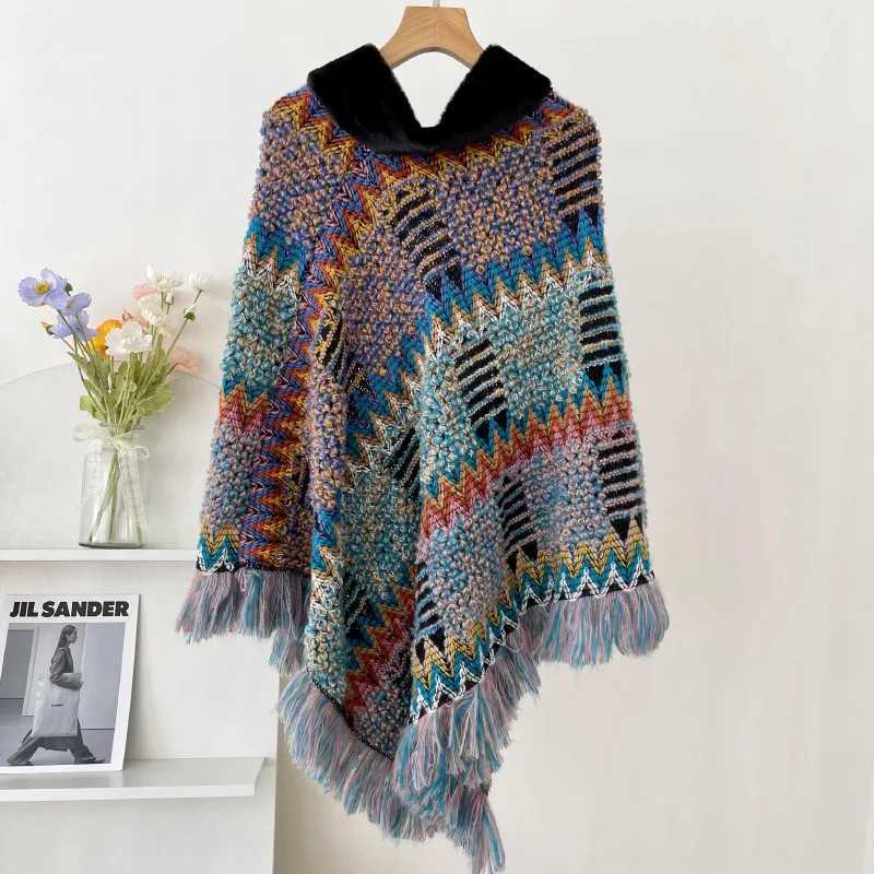 Autumn and Winter Shawl National Knitted Cloak Womens New Lanhua Cloak Tassel Warm Shawl Imitation Wool Collar Raincoat W240921