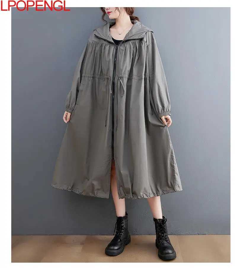 Windbreaker Womens Trench Coat 2023 New Autumn Oversized Black Casual British Style Fashion Hooded Mid-length CoatX240921