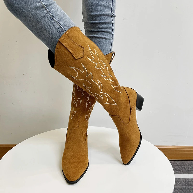 Embroidered Cowboy Boots for Women Knee High Midium Chunky Heel Pointed Toe Retro Classic Western Cowgirl Boots 240921