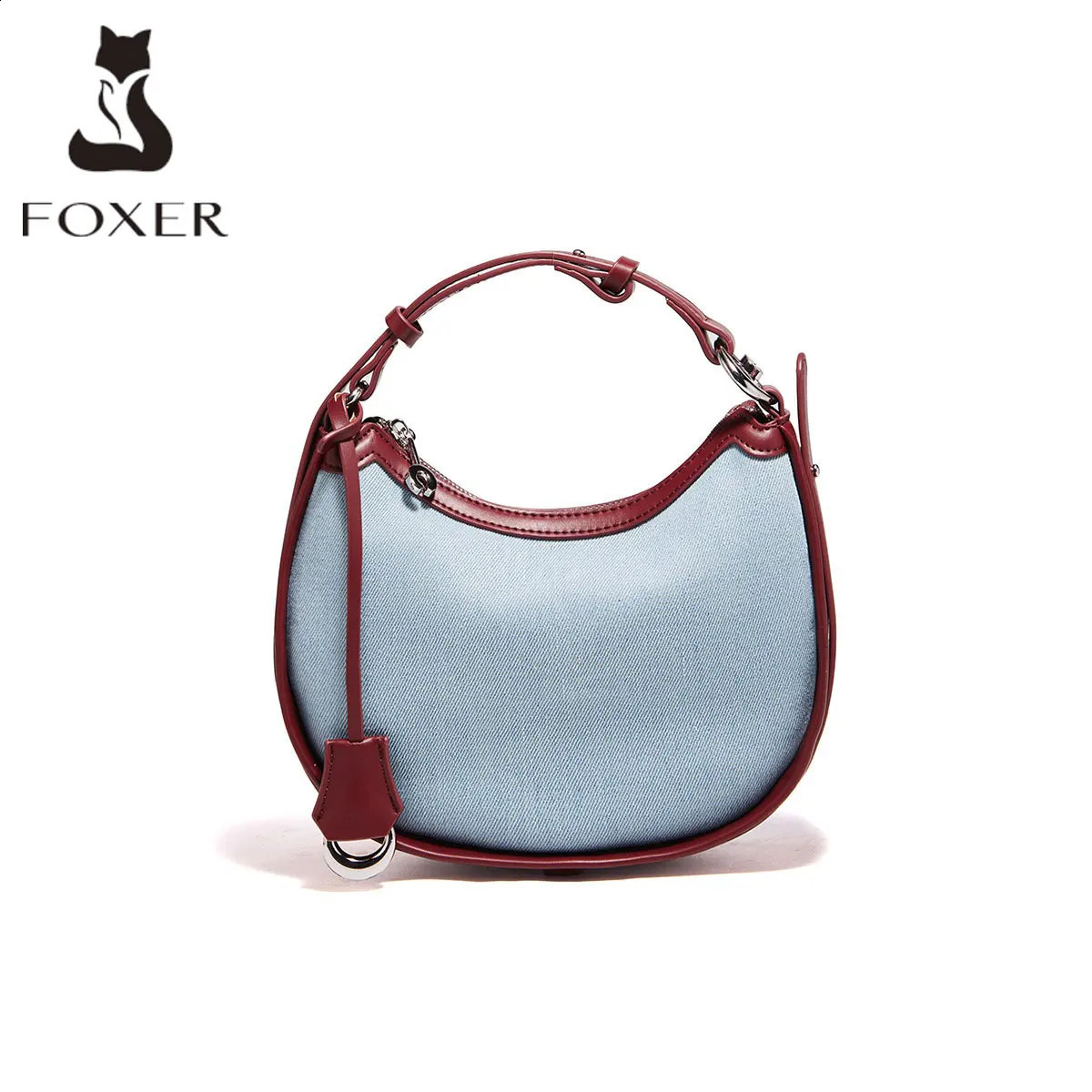 FOXER denim womens shoulder bag highquality homeless cross body fashionable PU leather retro simple blue zipper handbag 240919