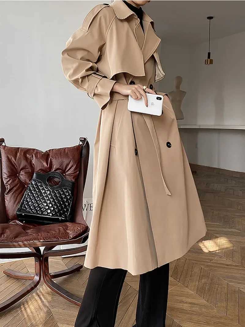 Elegant Khaki Long Trench Coats for Women Vintage Double Breasted Black Windbreaker Korean Casual Loose Long OverCoat StreetwearX240921