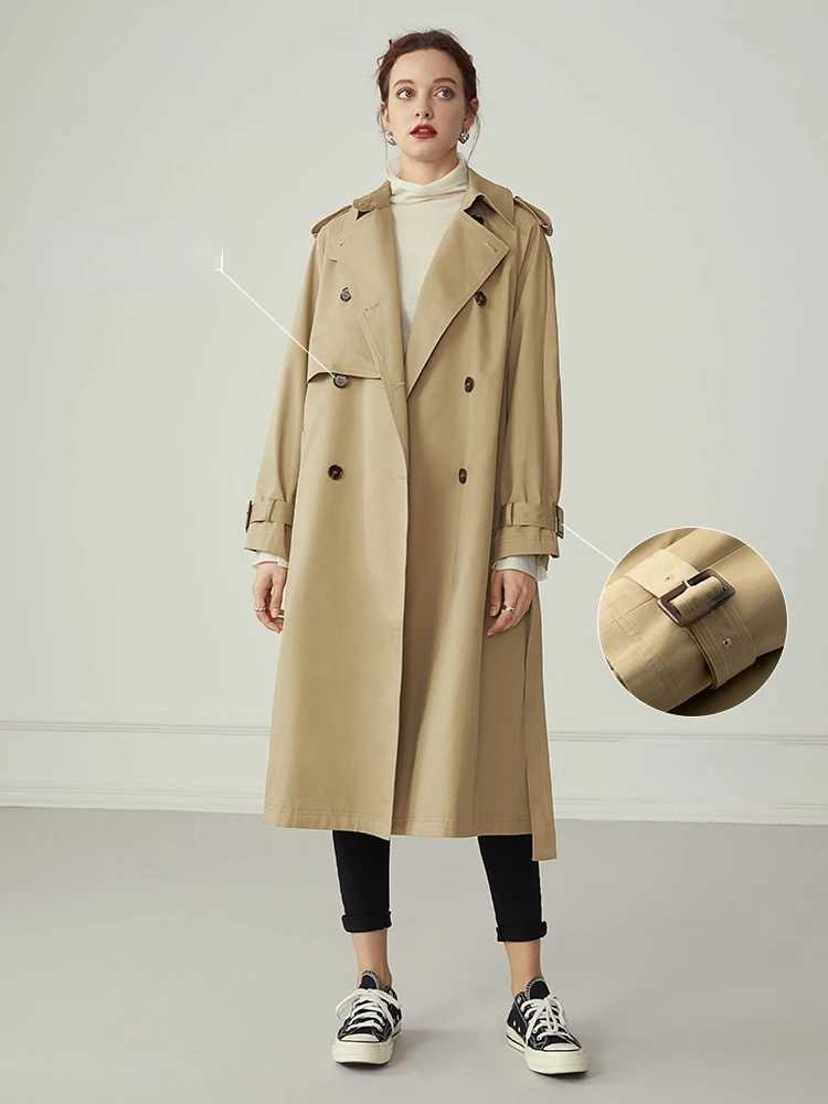 FSLE 100% Cotton Khaki Long Women Trench Coat Autumn Winter Turn Down Collar Women Clothes Causal Full Sleeve Belt TrenchX240921