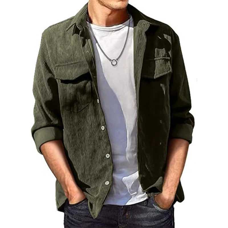Autumn Daily Casual Solid Color Mens Shirt Corduroy Ribbed Long Sleeve Shirts For Men Vintage Button Turn-down Collar Shirt M240921