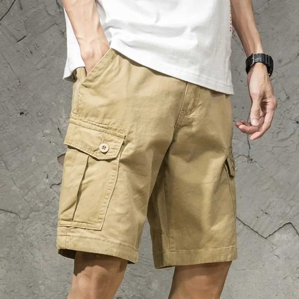 Multi Pockets Button Flying Summer Shorts Mid Rise Solid Color Straight Cargo Shorts StreetwearX240921
