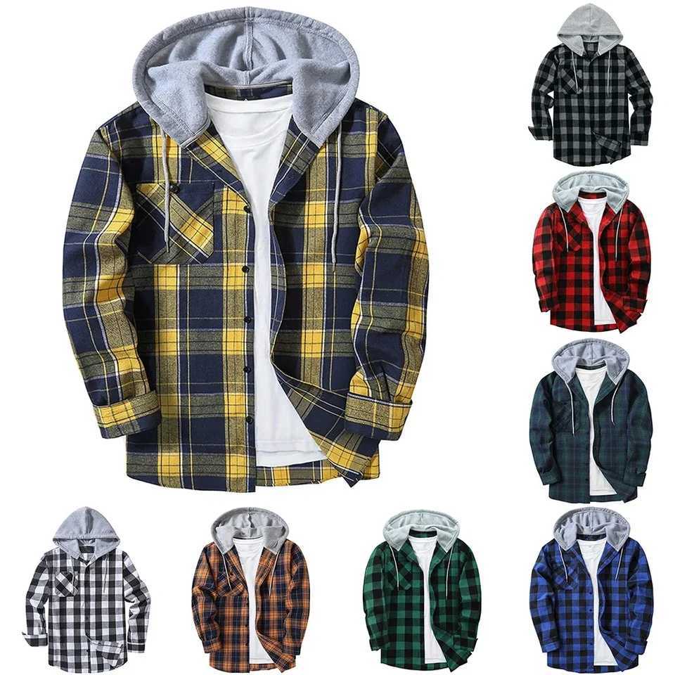 Men Plaid Long Sleeve Hooded Shirts Button Work Drawstring Casual Tops Cardigan Button Down Work Coat Tops Hoodie M240921