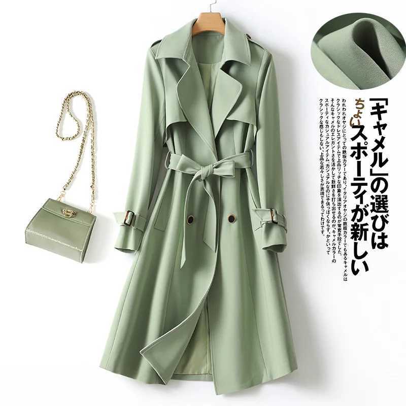 Elegant Long Coats and Jackets Women Light Green Lapel Belted Spring Autumn Trench Coat Office Lady Windbreaker New in OuterwearX240921