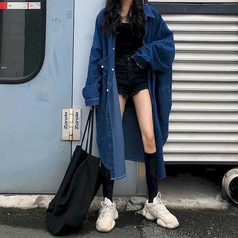 Denim Trench Coats Women Long Sleeve Casual Korean Style Workwear Jackets Vintage Ankle Length Oversized One-piece Women TopsX240921