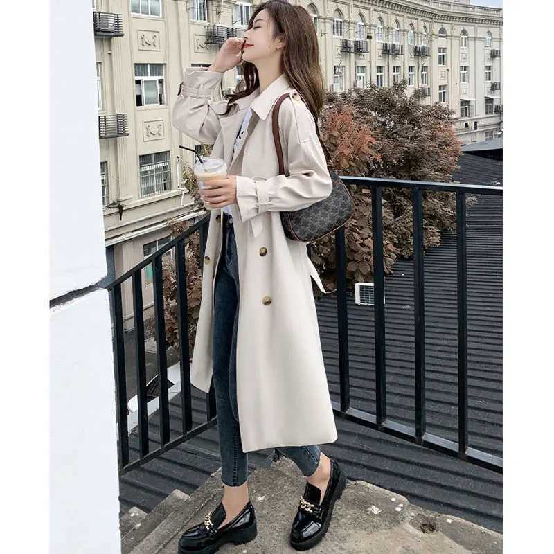 Korea Casual Khaki Long Women Trench Coat Autumn Turn Down Collar Double Breasted White Women Windbreaker Overcoat With BeltX240921