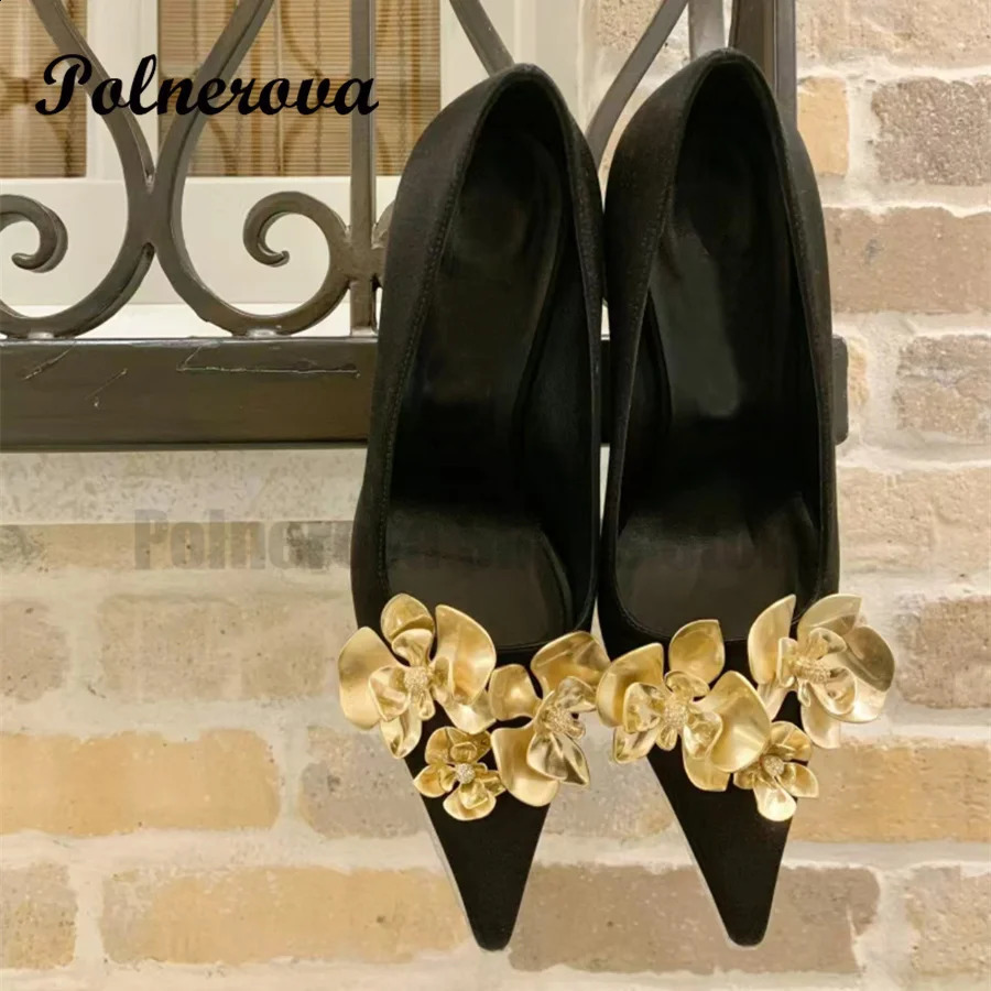 Black satin dot high heels womens fashion autumn gold orchid button shallow mouth single shoes sexy runway high heels 240919