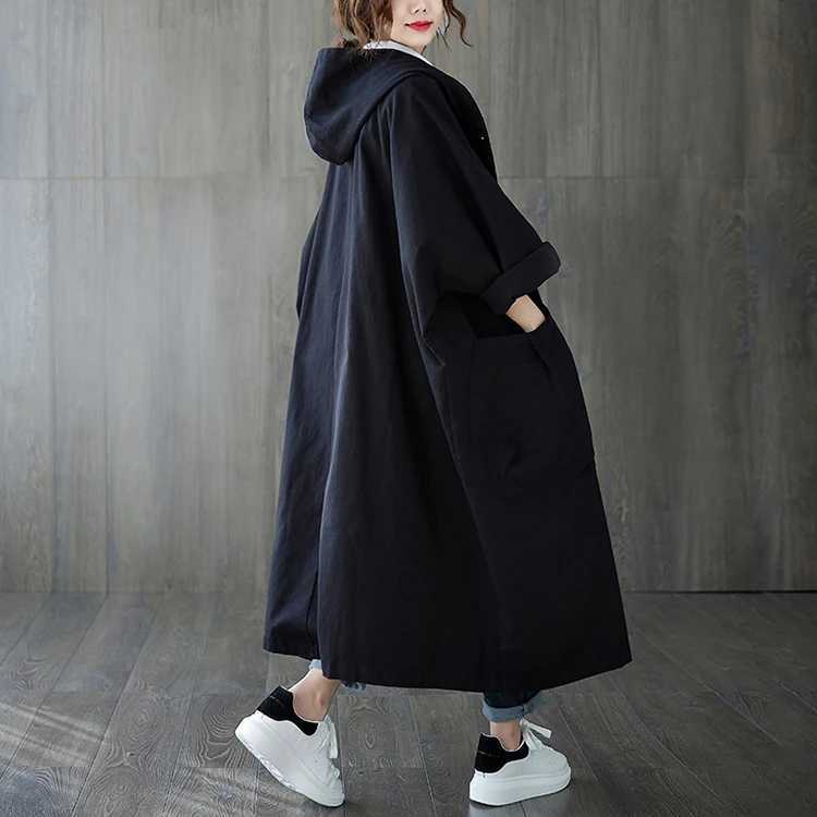 Woman Long Coat Fashion Korean Windbreaker Big Size Ladies Trench 2021 Autumn Hooded Loose Pockets Cardigan Women Long CoatX240921