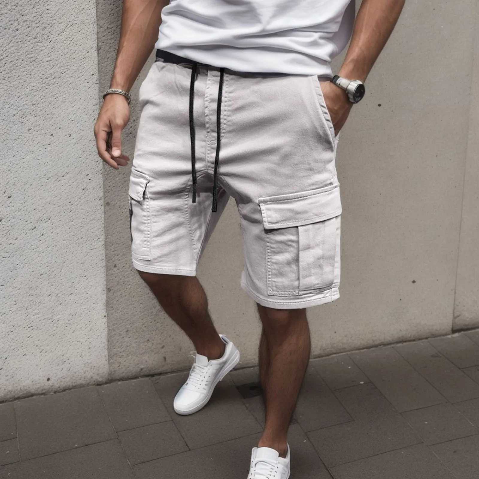 Mens Solid Color Cargo Pants Drawstring Shorts Hip Hop Streetwear Male Gyms Fitness Short Sweatpants Joggers Sportswear ShortsX240921