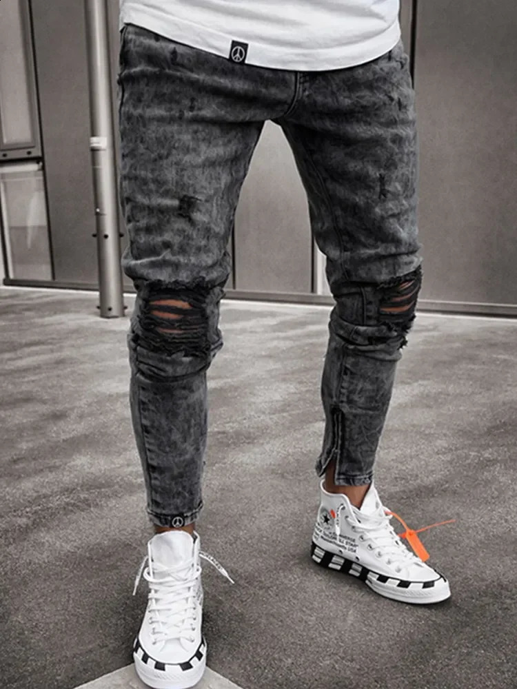 Biker Jeans Mens Distressed Stretch Ripped Biker Jeans Men Hip Hop Slim Fit Holes Punk Jeans Zipper Pure Color Denim Pants 240921