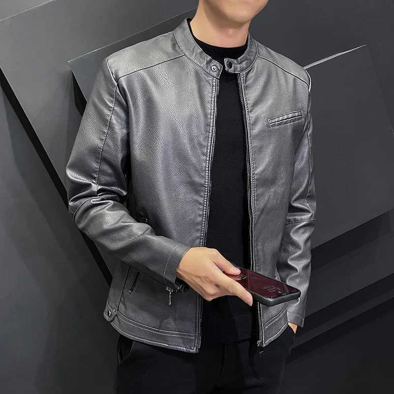 Spring and summer mens jacket casual motorcycle windproof and warm stand collar PU leather jacket mens slim fit plush coat W240918