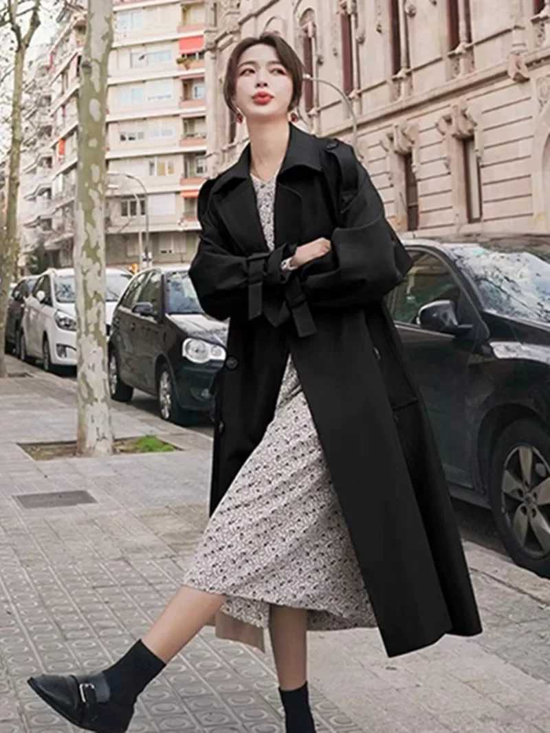 Vintage V Neck Double Breasted Windbreaker Coats Women 2022 Casual Solid Color Slim Fit Long Coat Elegant Trench Coat for WomenX240921