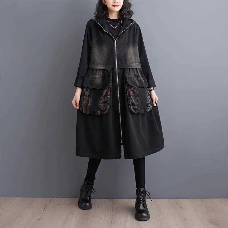 Retro Washed Oversized Denim Jacket 2024 Early Spring Casual Loose Fit Hooded Printed Spliced Jeans Coat Windbreaker Z4057X240921
