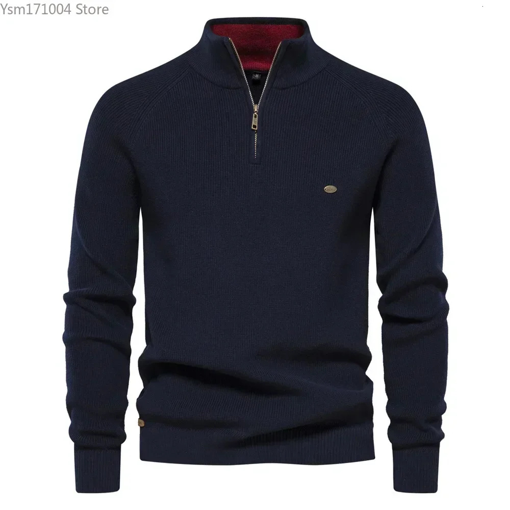 New Men's Half High Neck Zipper Solid Elastic Slim Fit Long Sleeve Casual Business Men Knitted Pullover Sweater