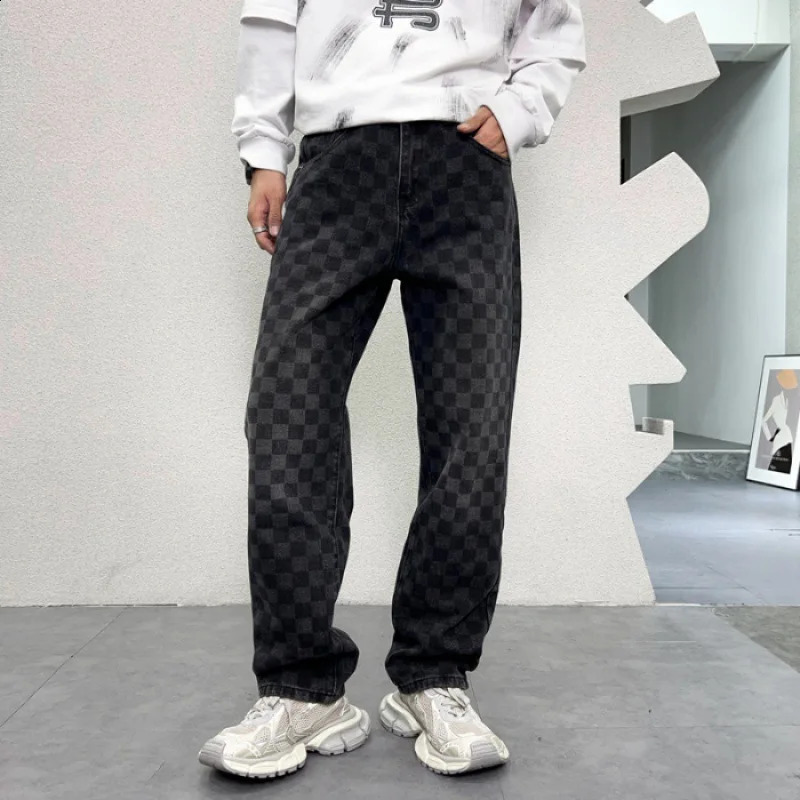 Plaid printed jeans for men Autumn Fashion Street straight loose casual wide-leg mop Y2K denim long pants 240911