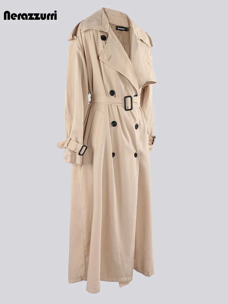 Nerazzurri Autumn Extra Long Oversized Khaki Flowy Soft Trench Coat for Women Back Slit Double Breasted Loose Casual OvercoatX240921