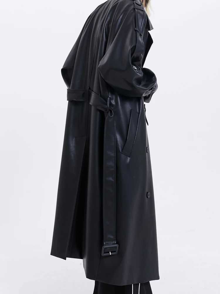 ADAgril Black Leather Trench Coat Women Retro Biker Long Windbreak Jackets Loose Korean Style Fashion Autumn Winter Clothes NewX240921