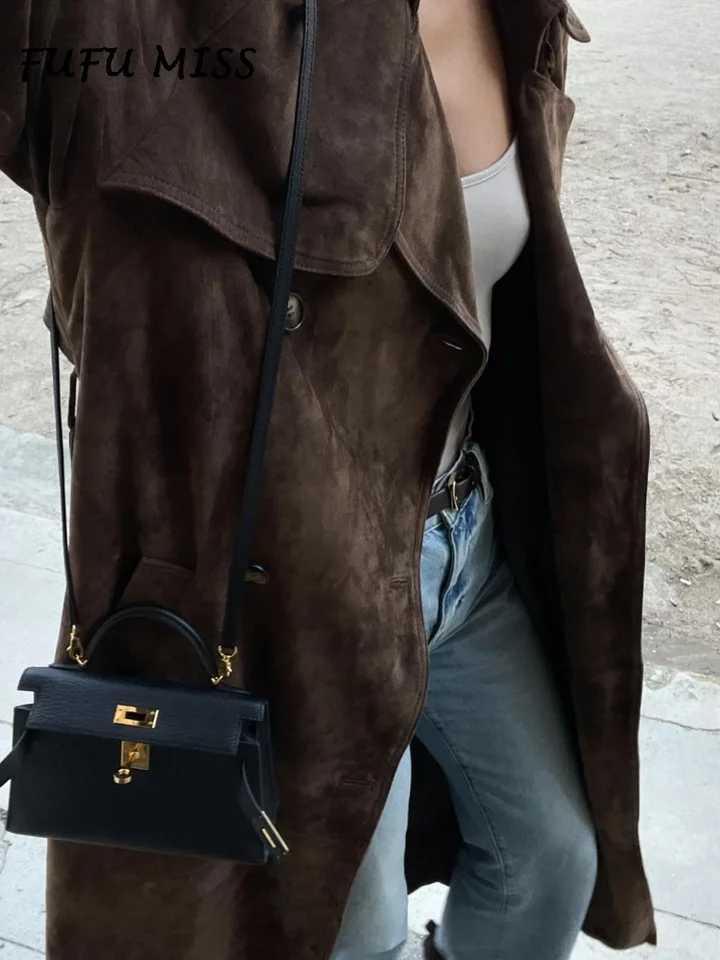 Vintage Khaki Suede Long Coat For Women Belt Lapel Long Sleeve Double-breasted Overcoat 2024 Autumn Lady High Street OutwearsX240921