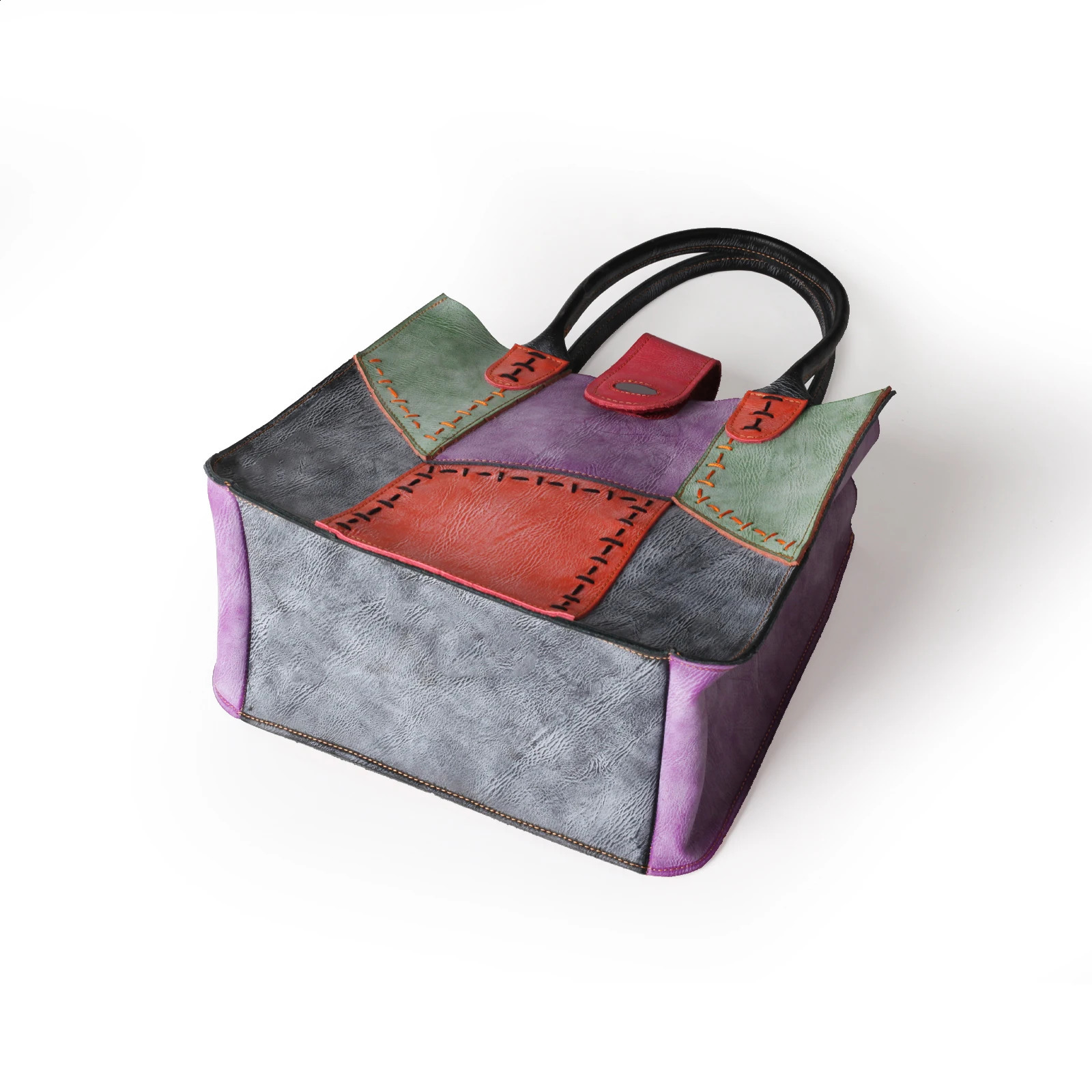 Womens Genuine Leather Bag Hand Stitching Multi Color Splicing 240919