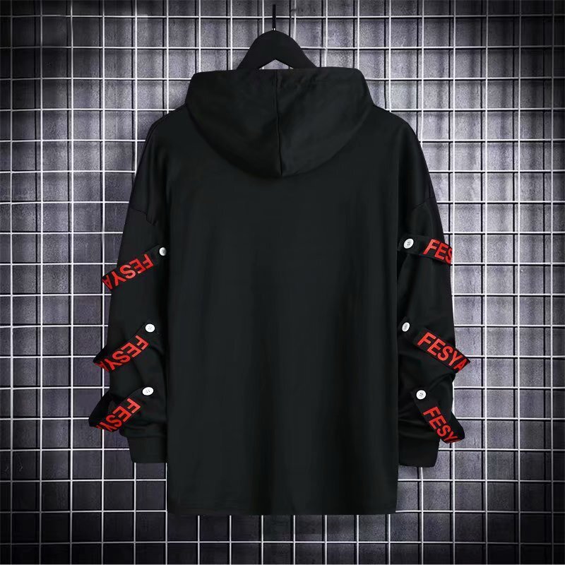 Men's Hoodie Sweatshirt Casual Black Hoodies Tops Techwear Hip Hop Haruku Patchwork Japanese Streetwear Men With Streamers Top