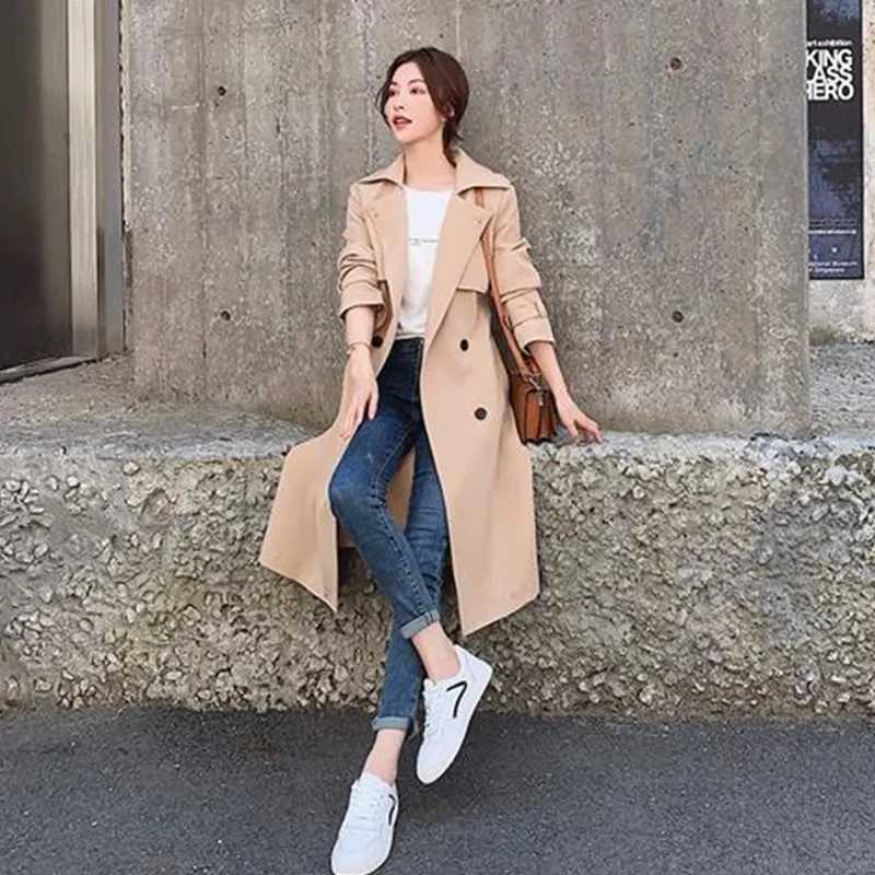 Autumn Korean Women Red Trench Coat With Sashes Elegant Double Breasted Long Sleeve Lapel Mid-length Windbreaker Female 2024 NewX240921