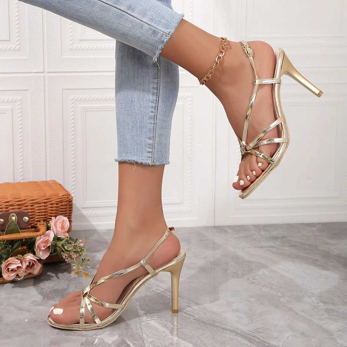 Sandals Womens Shoes Summer 2024 High Heels Stiletto Elegant Party Striptease Fi Sexy Gold DesignerXJ250410
