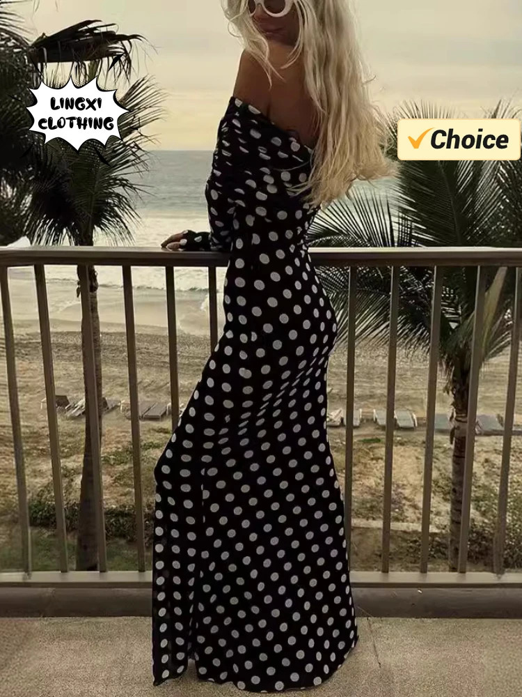 Summer Fashion Vacation Style Fashion Party Womens Long Elegant Single Shoulder Wave Point Slimming Sexy Long Dress 240921