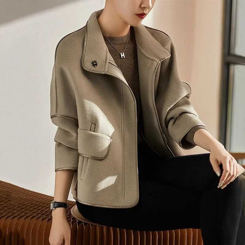 Womens wool coat 2024 spring/summer new loose fit jacket fashionable and casual stand up collar dollar sleeves hem wool jacket for women W240921