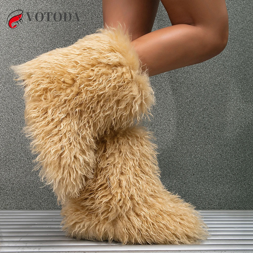 Winter Boots Furry Shoes Women Teddy Fur Snow Boots Fluffy Warm Faux Wool Boots Plush Fashion Boots Ladies Mongolian Fur Boot 240909