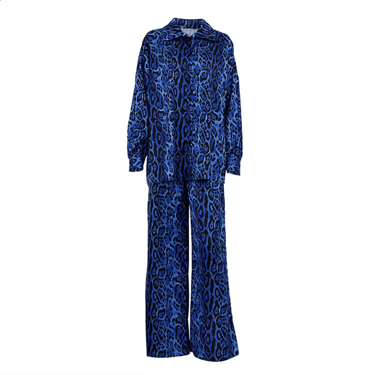 Women Long Sleeve Leopard Print Blouses Suits With Long Pants Fashion Blue Two Piece Sets Tracksuits Ladies Outfits 240918
