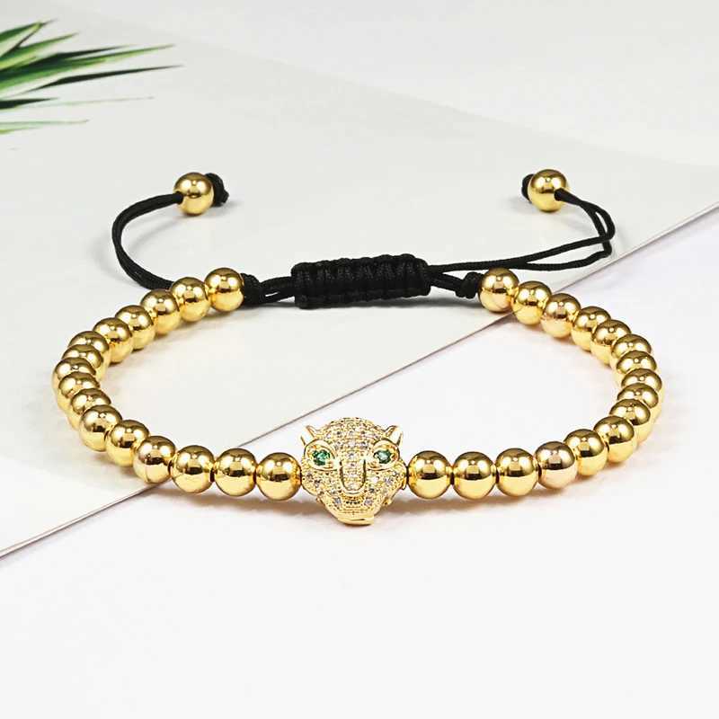 Men Bracelet Gold Color Leopard Head 5MM Pave Beads Braided Bracelets Bangles Handmade Armband Luxury Royal Women Jewelry GiftX240921