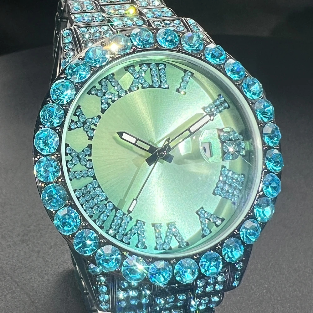 MISSFOX Diamond Watch For Men Fashion Light Blue Stainess Steel Quartz Wristwatch Hip Hop Rapper Style Waterproof Clock 240909