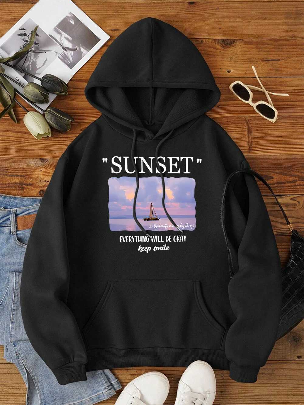 Sunset Everything Will Be Okay Keep Smile Hoodie Mens Harajuku Super Large Street Clothing Casual Hoodie Autumn Wool Pulling Flower W240921