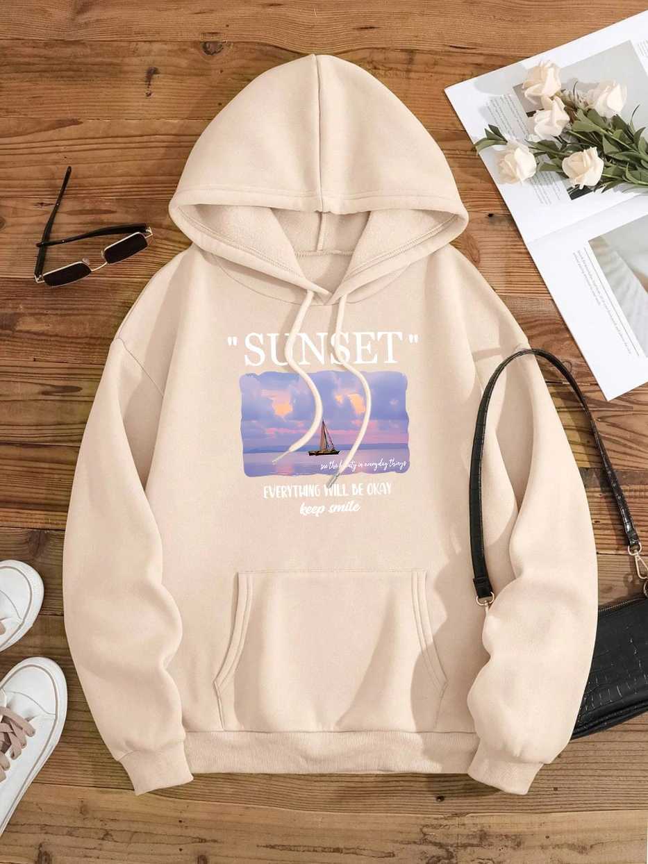 Sunset Everything Will Be Okay Keep Smile Hoodie Mens Harajuku Super Large Street Clothing Casual Hoodie Autumn Wool Pulling Flower W240921