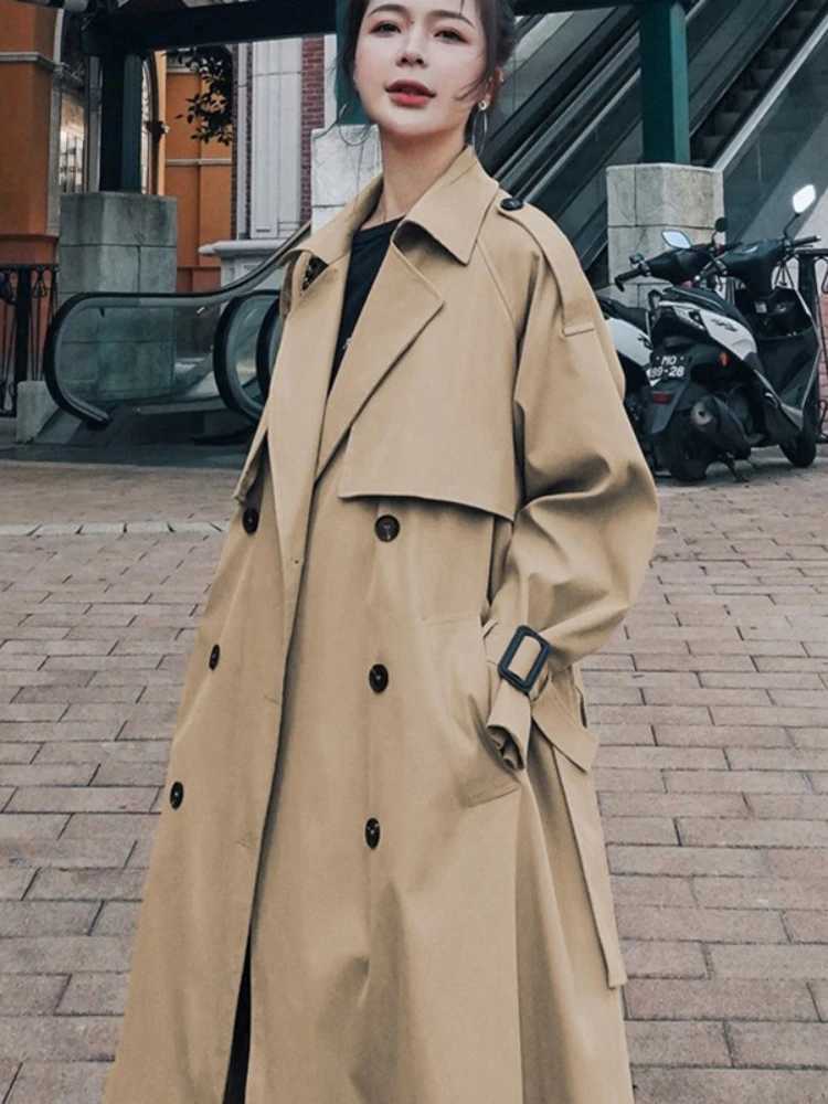 2023 Spring Fall Khaki Long Trench Coats For Women Elegant Korean Loose Overcoats Casual Fashion Streetwear WindbreakerX240921