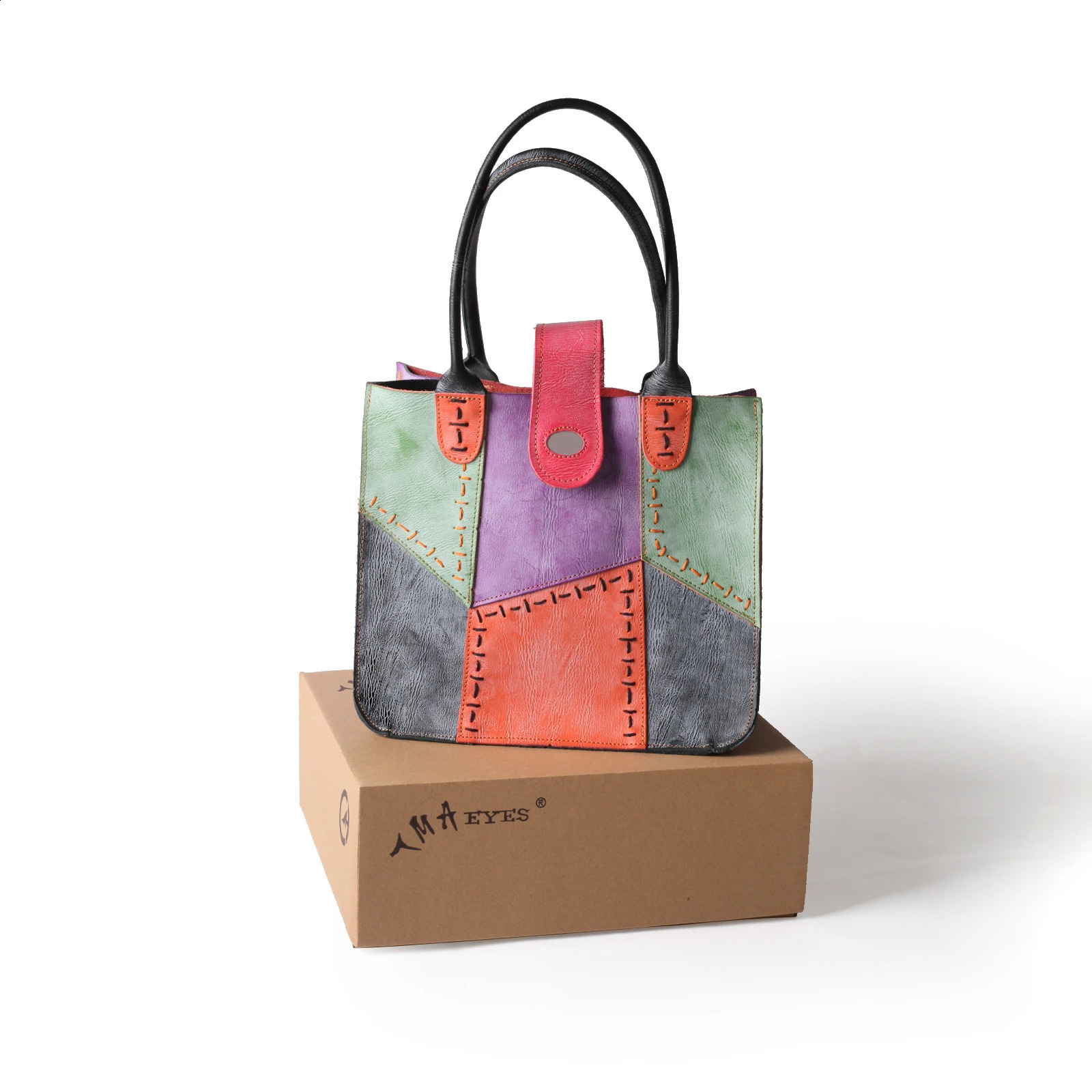 Womens Genuine Leather Bag Hand Stitching Multi Color Splicing 240919