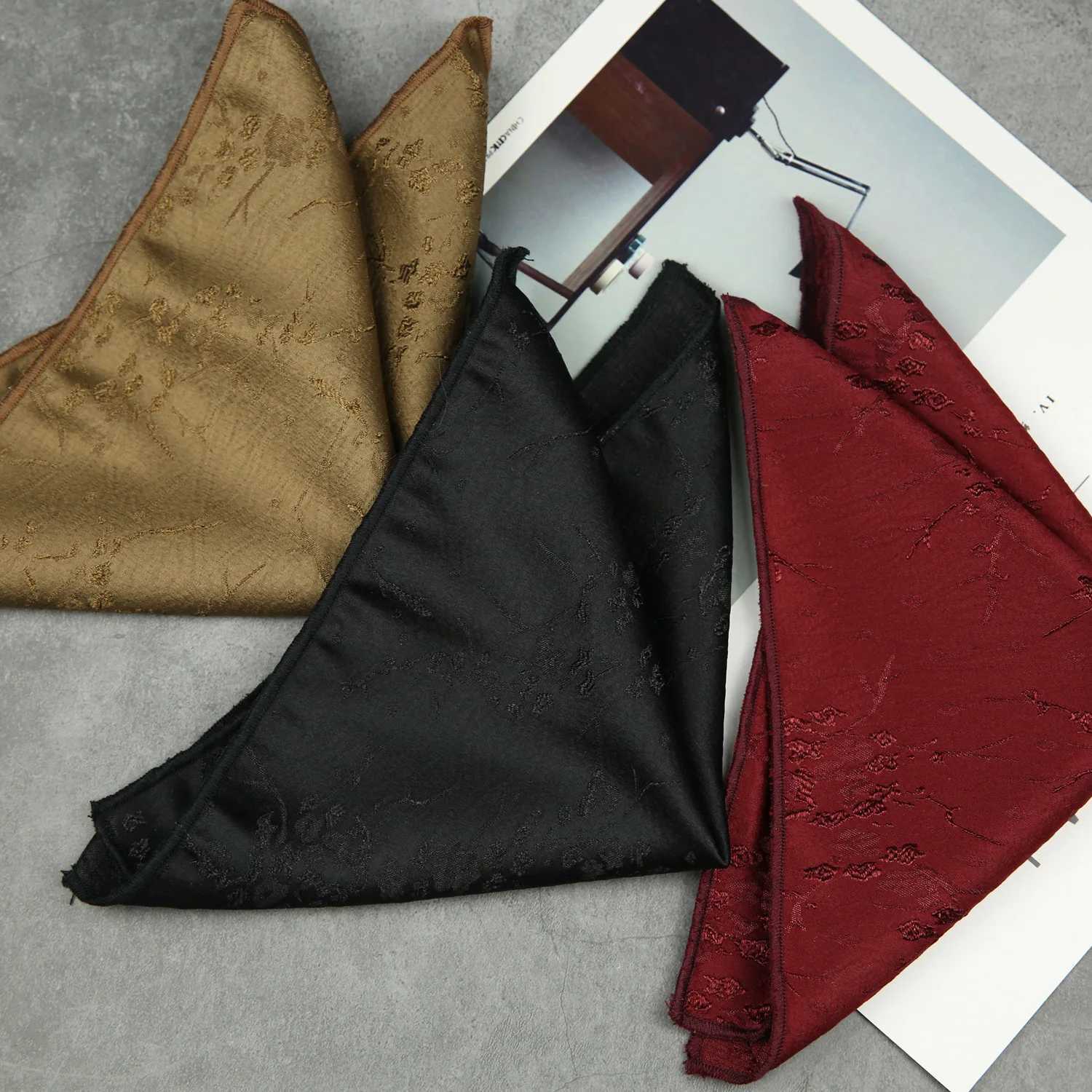 Black White Pocket Square Dark Flower Pattern Solid Color Handkerchief Men Suit Business Chest Scarf Polyester Wine Hanky CravatX240921