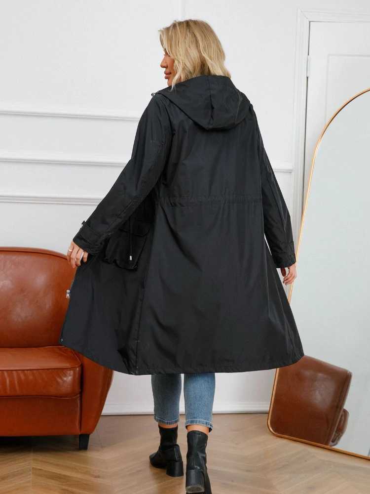 Waterproof Jacket Women Hooded Trench Fashion Outdoor Windbreaker Coat Loose Striped Lining Drawstring Long Blazer Autumn WinterX240921
