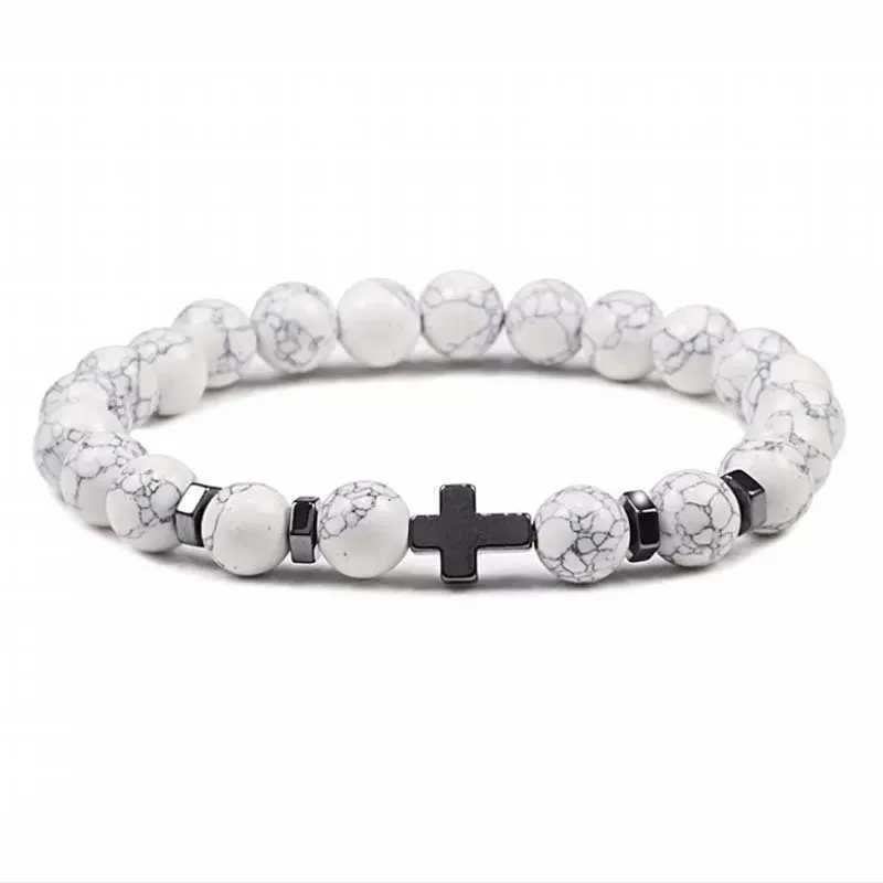 Kirykle 8mm Natural Volcanic Rock Tiger Stone White Pine Black Gallstone Cross Beaded Mens and Womens Bracelet Yoga JewelryX240921