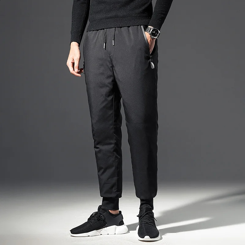 Mens Down Pants 90% White Duck Down Solid Black Winter Pants Drawstring Windproof Thicken Warm Trousers for Men 240913