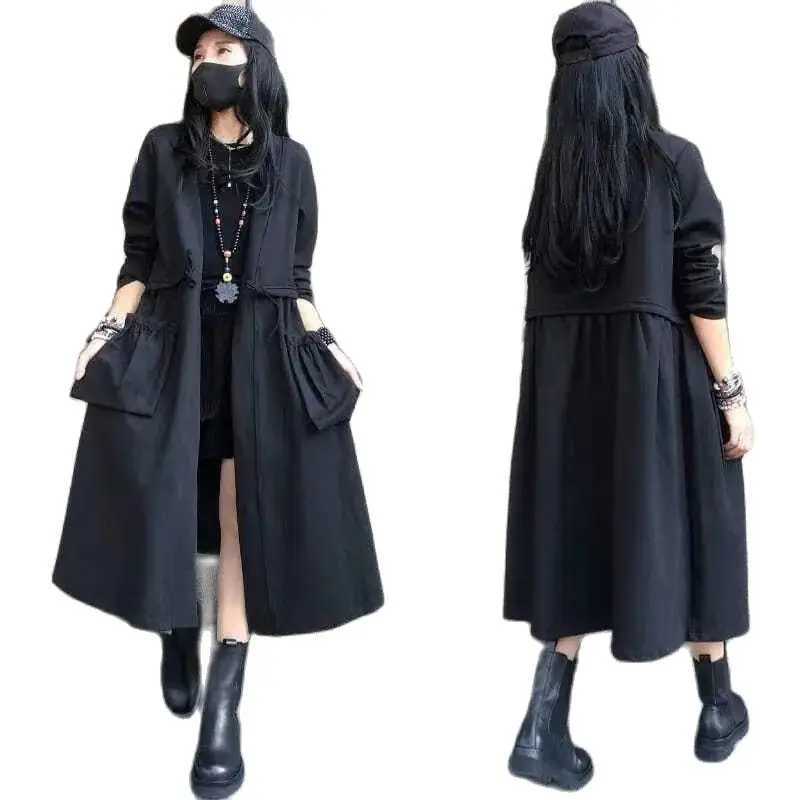 Black Windbreakers Temperament Fashion Women Trench Coat 2023 Spring Autumn New Ladies Jacket Loose Wild Long Female OuterwearX240921