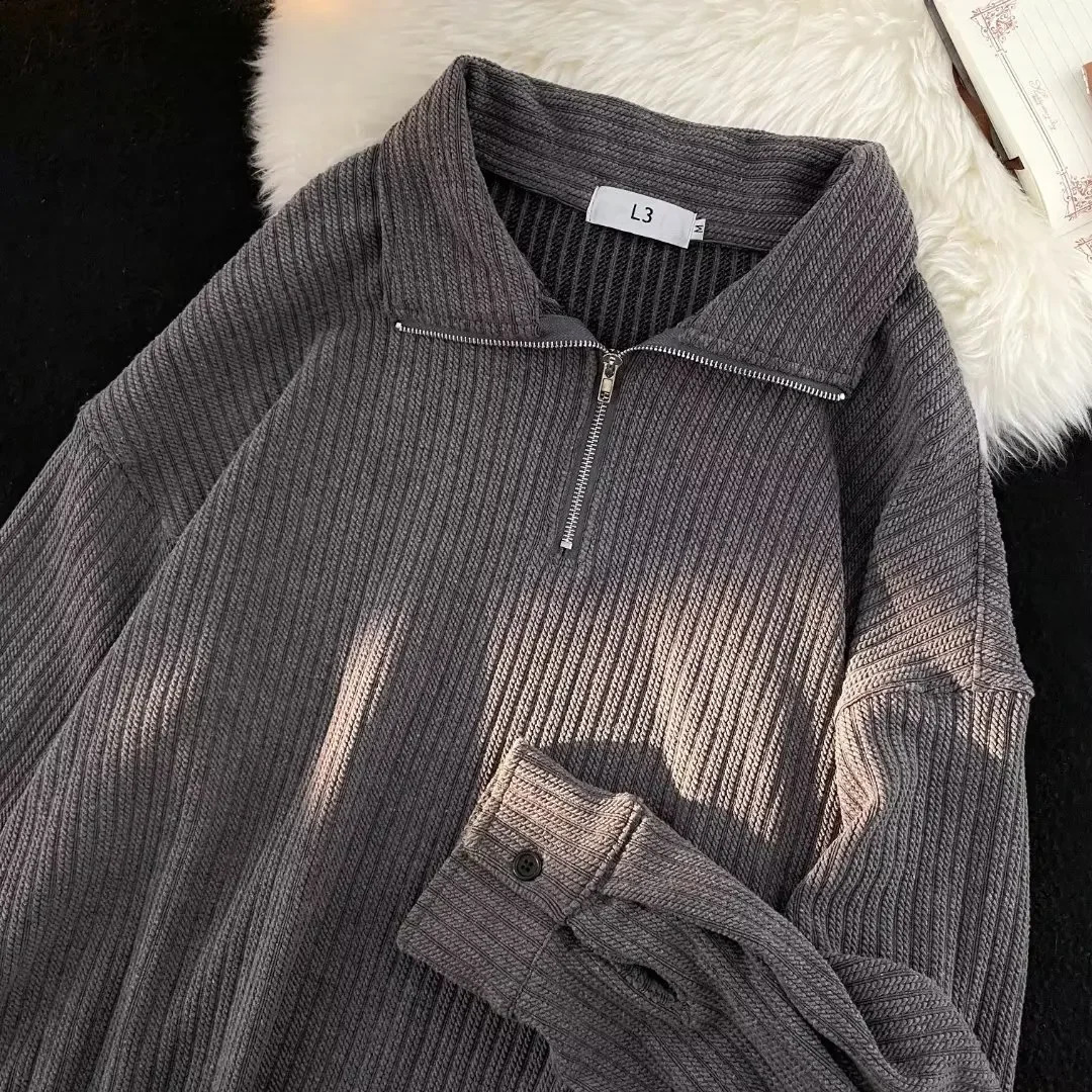 Hong Kong Style Autumnwinter Knitted Topjacket Pullover Halfzip Antipilling Sweater For Men Loose Fit Casual 240915