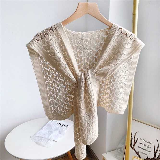 Fashion Korean Knot Knitted Shawl Womens Hollow Coat Shawl Spring Autumn Shoulder Net Red Shawl Blue W240921