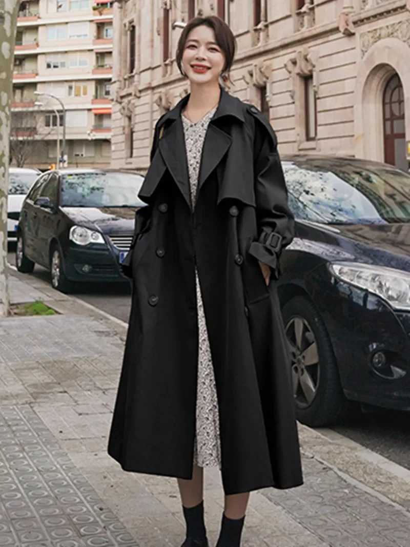 Vintage V Neck Double Breasted Windbreaker Coats Women 2022 Casual Solid Color Slim Fit Long Coat Elegant Trench Coat for WomenX240921