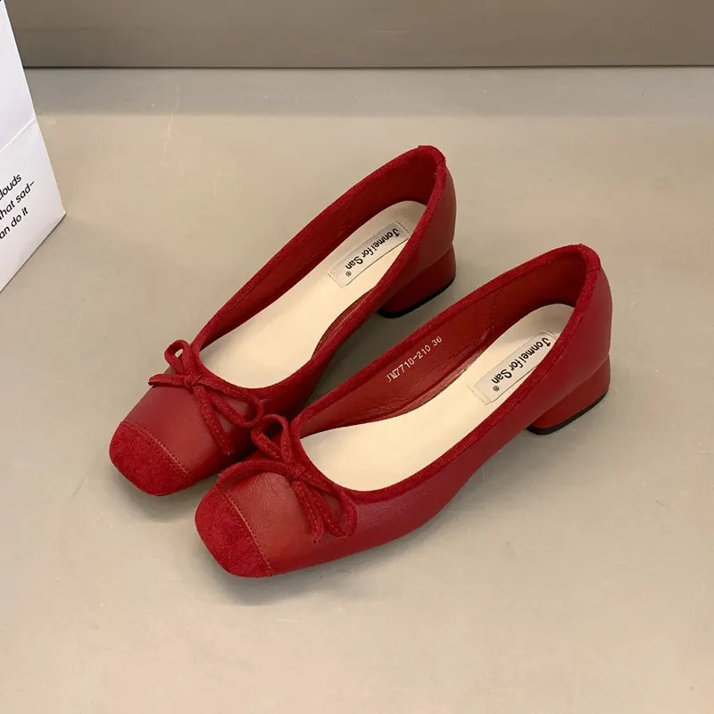 Fashion Elegant Red Ballerinas Women Pumps Slip on Loafers Round Toe Square Heels Bowknot Casual Spring Autumn Low Heel Shoes 240921
